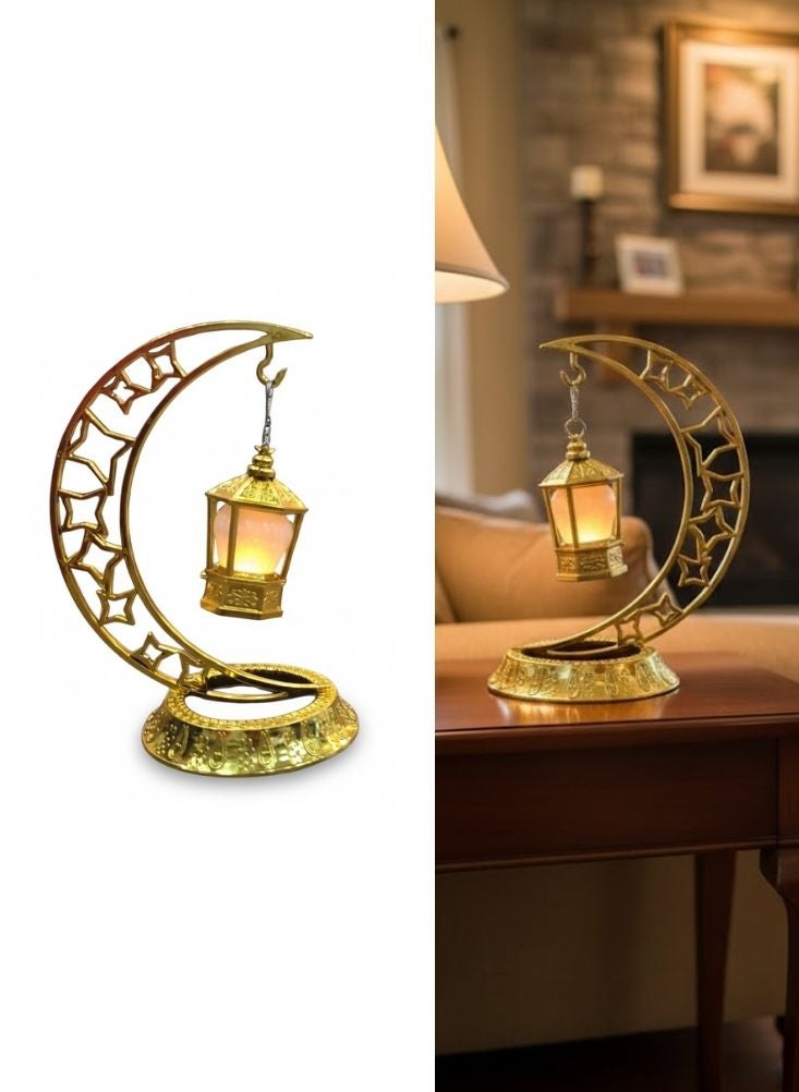 Premium Golden Crescent Moon Ramadan Lantern Table Decoration with LED Light - Image 1